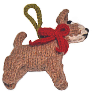 Chihuahua ornament with a red scarf and green handle on a white background