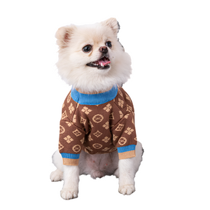 Pomeranian wearing Brown LV-Inspired Dog Sweater