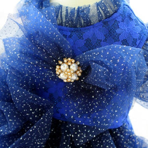Designer Handmade Blue Midnight's Dream Trailing Gown Dog Party Dress features a faux pearl breaded bow brooch.