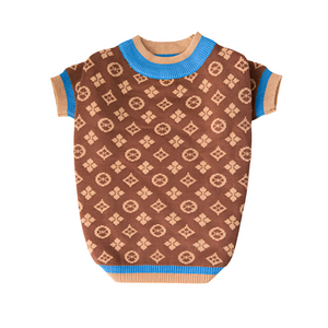 Brown LV-Inspired Dog Sweater has aqua blue neckline, sleeves and waistline