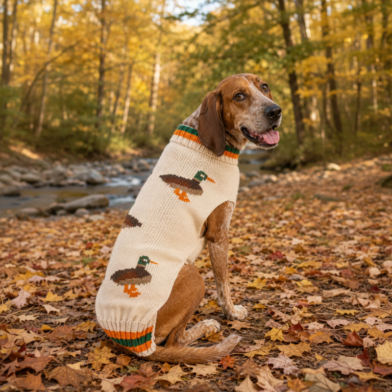 A dog wearing a knitted sweater with a duck pattern, photographed against a plain white background.