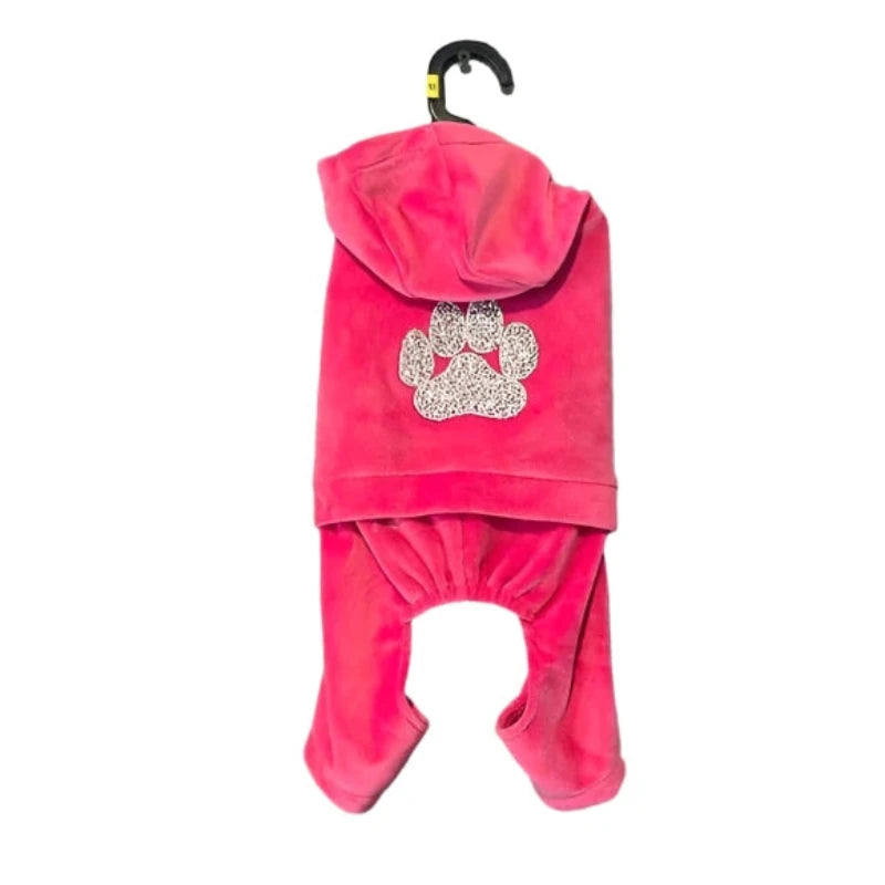 Isaac Mizrah hot pink dog tracksuiti is hooded.