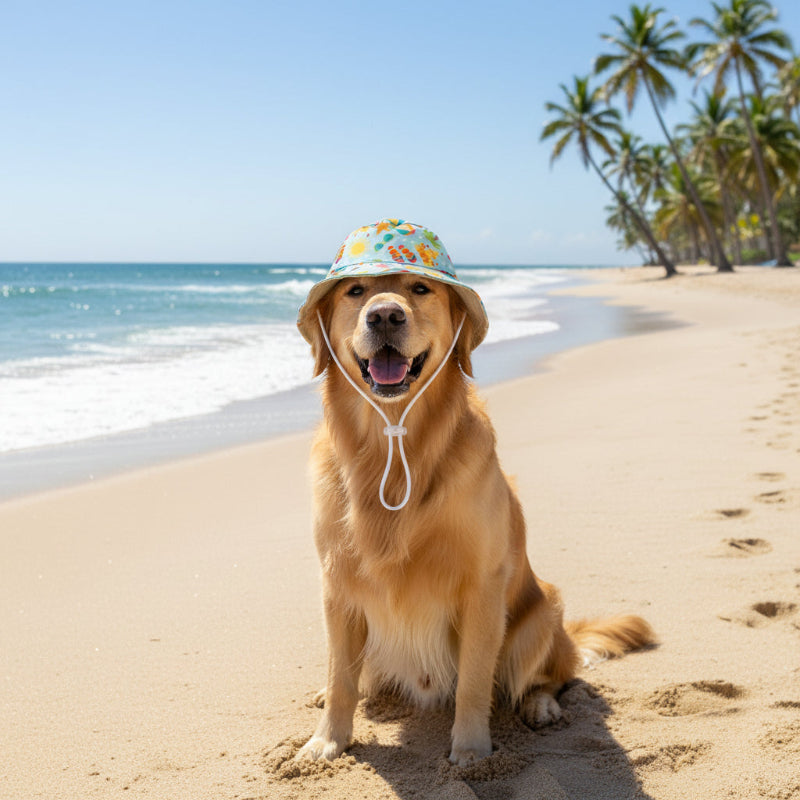 Colorful bucket hat with beach-themed design on a white background