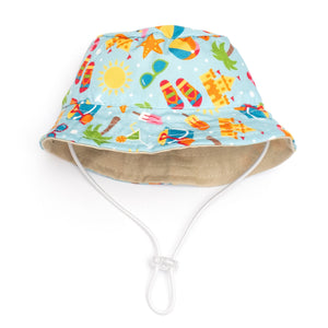 Colorful bucket hat with beach-themed design on a white background