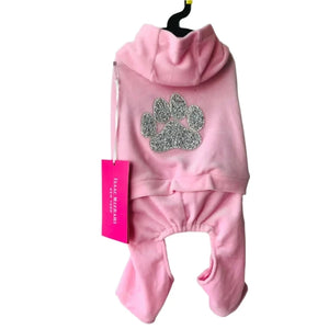 Isaac Mizrah light pink dog tracksuiti is hooded.