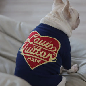 French bulldog wearing Louis Vuitton-Inspired Designer Dog Sweater