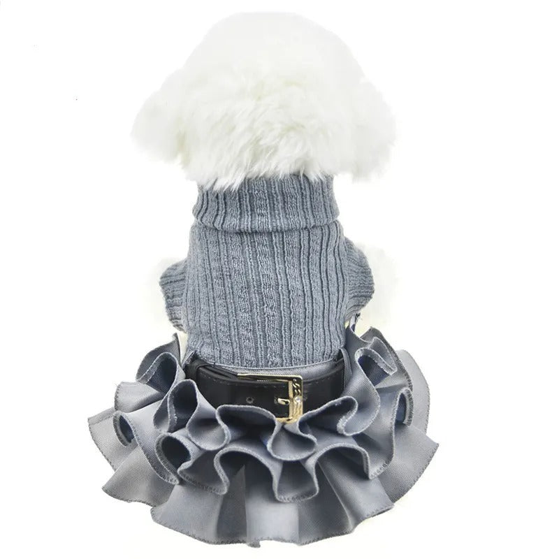This Chic Turtleneck Sweater Dog Dress in gray has a matching belt.