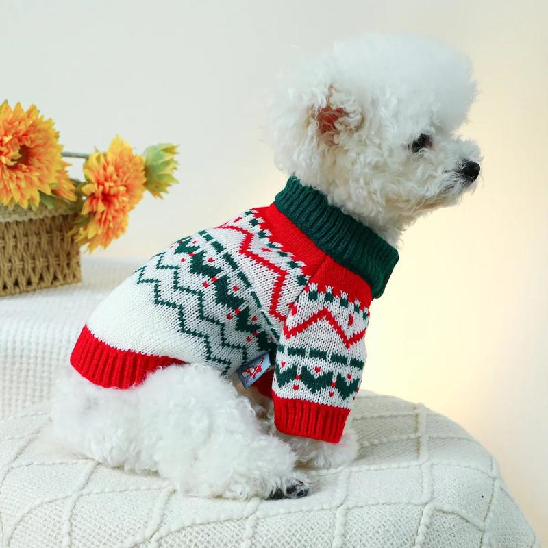 White Christmas dog sweater features red and green zig zags.