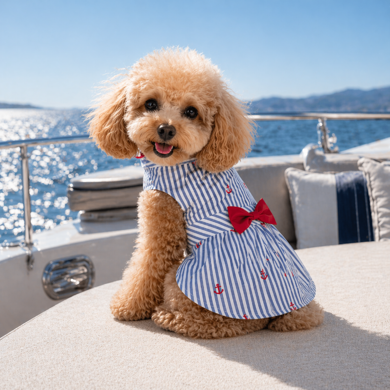 Blue and white striped dress with red anchors and a bow on a white background