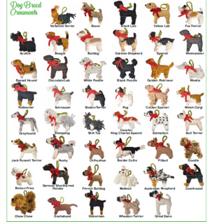 Collection of dog and cat breed ornaments with labels on a white background.