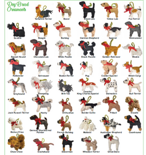 Collection of dog breed ornaments with labels on a white background.