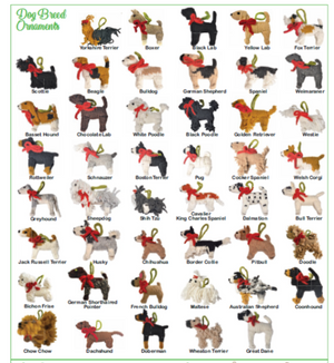 Collection of dog breed ornaments with labels on a white background.