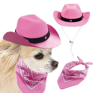 Pink cowboy hat and bandana set for a dog on a white background