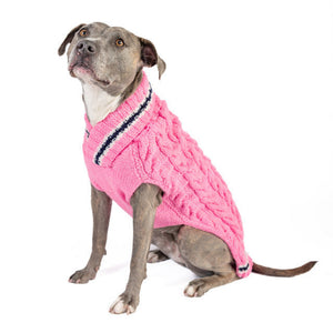 A gray pitbull wearing a pink cable-knit sweater vest with a black and white striped collar, sitting against a white background.