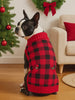 Video showing dogs of various breed sizes wearing red and black plaid dog Christmas sweater.
