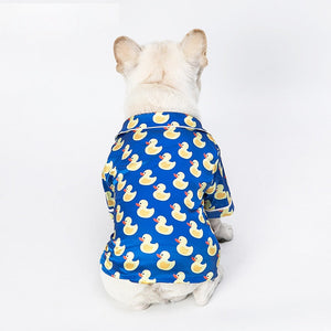 French Bulldog weqriing Satin Rubber Duck PJs, back view