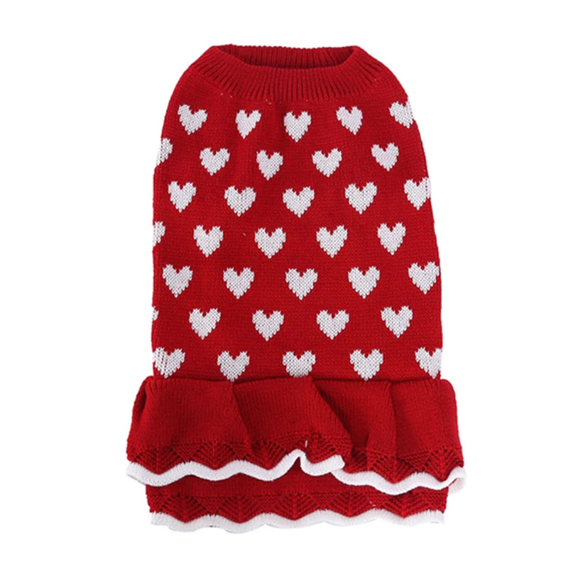 Red heart sweater dog dress on a poodle