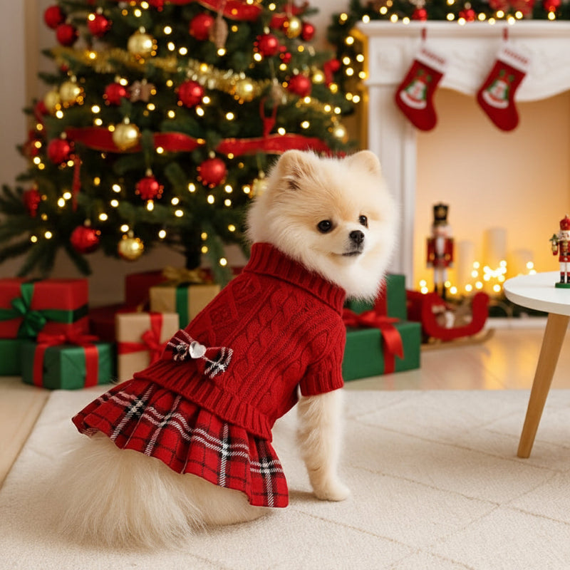 Dog wearing a red sweater with plaid skirt in front of a Christmas tree