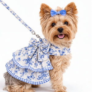 Dog wearing a blue and white floral dress with a bow on a white background