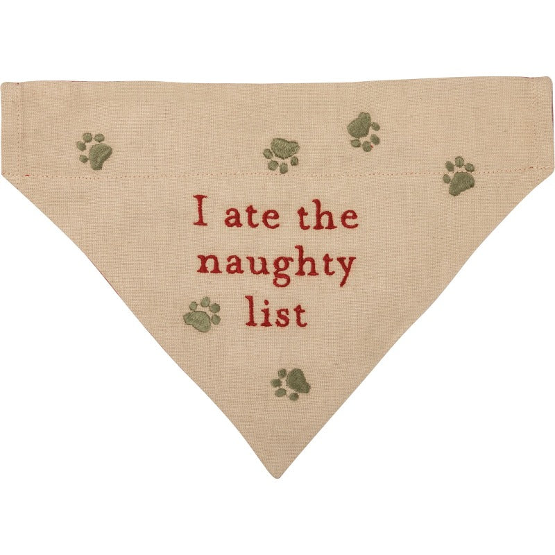 Santa's Favorite Wigglebutt Reversible Christmas Dog Bandana in red linen with white lettering and an embroidered ribbon-tied bone