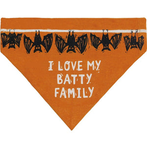 Halloween Reversible Dog Collar Bandana-I Love My Batty Family in white lettering on orange fabric with black bats.