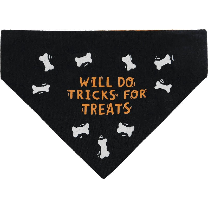 Large Happy Howl-o-Ween Reversible dog bandana in orange and black horizontal stripes.