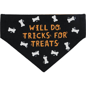 "Will Do Tricks for Treats" Small Reversible Dog Bandana in black with orange lettering and white bone pattern.