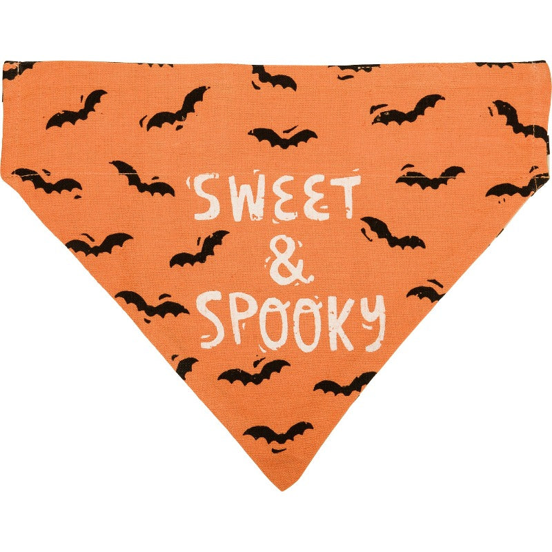 Large Halloween Reversible Collar Bandana "Sweet & Spooky" on orange side with bats.