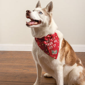 For large dogs, this  reversible red Christmas dog collar bandana features "The Elf Made Me Do It" sentiment with elf shoe and polka dot designs on this side.