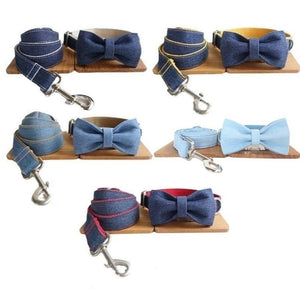 Our Denim Bow Tie Dog Collar & Leash Set collection is a favorite.