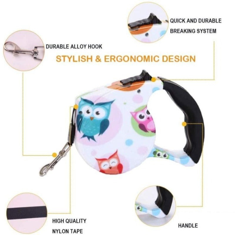 Owls 3M/5M Retractable Dog Leash is designed with an ergonomic handle.