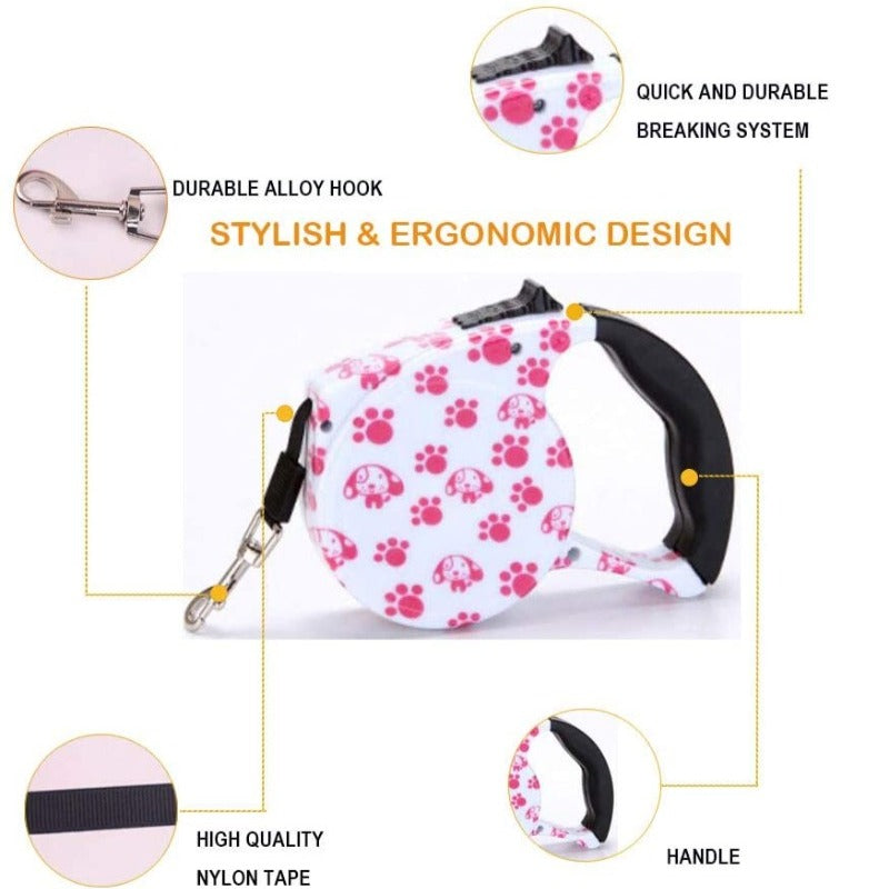 Pink Paws 3M/5M Retractable Dog Leash suits small, medium and large dog breeds.