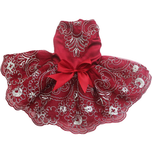 Your fur baby will look like a princess in this luxurious Red Lace Embroidered Dog Party Dress, crafted with sequins using the finest workmanship.