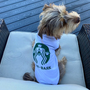 Perfect year-round for an extra thin layer, this trendy Starbucks-inspired "Star-Bark" Dog T-Shirt fits small, medium and large dog fashionistas and puppucino fans.