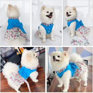 This Blue Floral Harness Dog Dress & Leash Set fits small dogs, such as Chihuahua, Yorkie, Bichon, Corgi, Toy Poodle, Maltese, Pug and puppies.