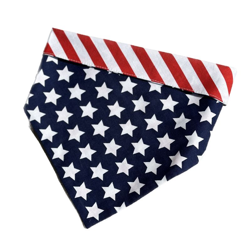 Handmade in the USA by Chloe & Max, this American Flag Bandana Dog Collar features white stars on blue, with red and white stripes trim and backing. 