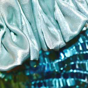 Dog dress features a light blue satin ruffle neck, midline and skirt.