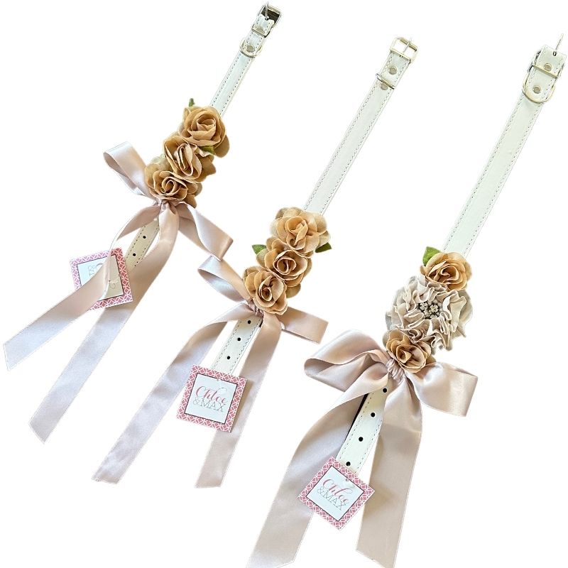 Medium size collar come with 2 small satin beige flowers  and 1 large white flower, plus matching satin bow.