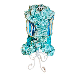 This luxurious bespoke dog party dress features a light blue satin ruffle neck, midline and skirt.