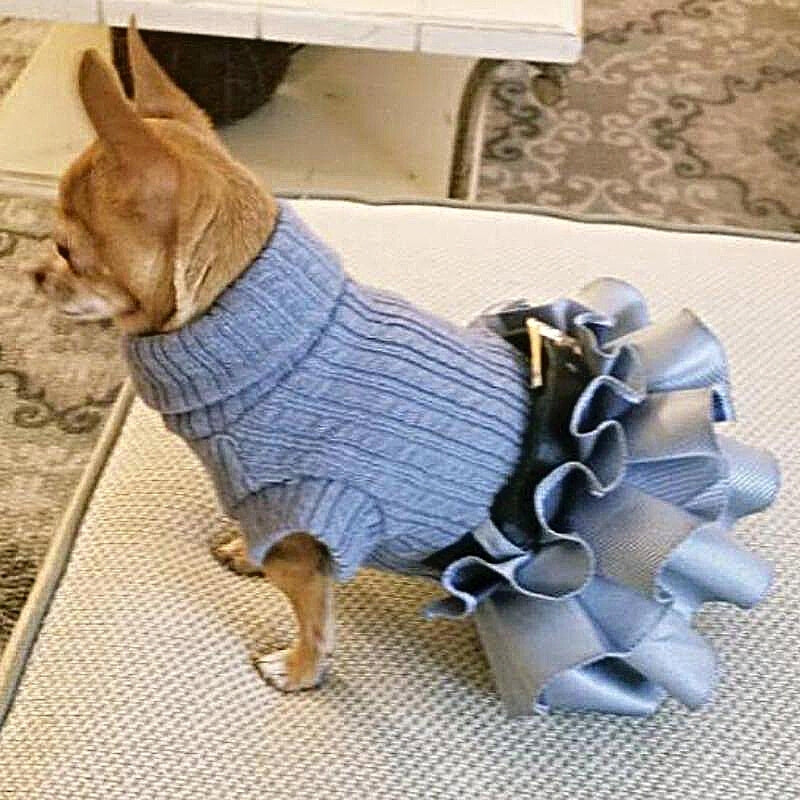 This Chic Turtleneck Sweater Dog Dress in gray has a matching belt.