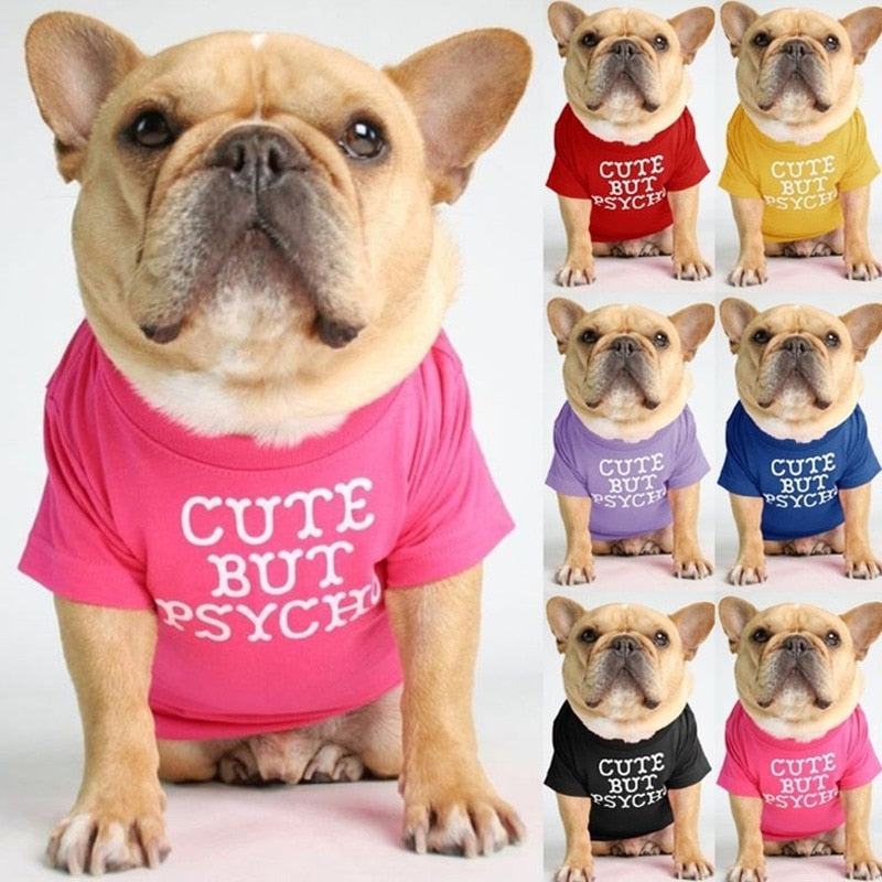 Available in 6 colors, this"Cute but Psycho" Dog T-Shirt fits small, medium and large dog. 