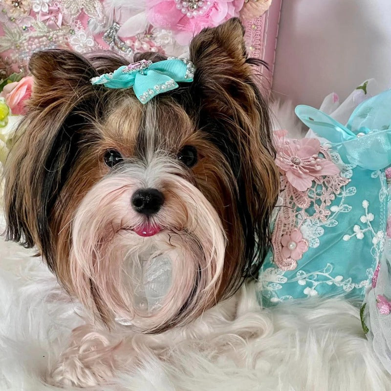 Available blue, your belle will look stunning in our Lila Dog Party Dress, delicately crafted with embroidered flowers, a large bow and a tulle skirt that features moons, stars and flowers. 