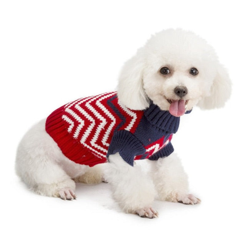This green, blue and white wave-pattern Dog Sweater is a versatile addition to your buddy's wardrobe. 