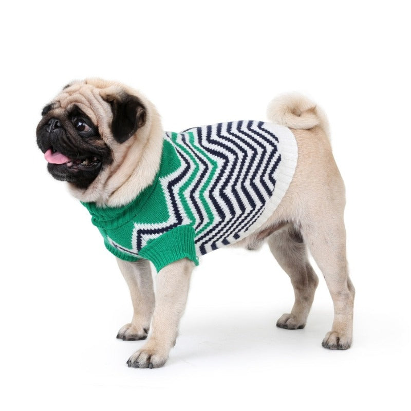 This green, blue and white wave-pattern Dog Sweater is a versatile addition to your buddy's wardrobe. 
