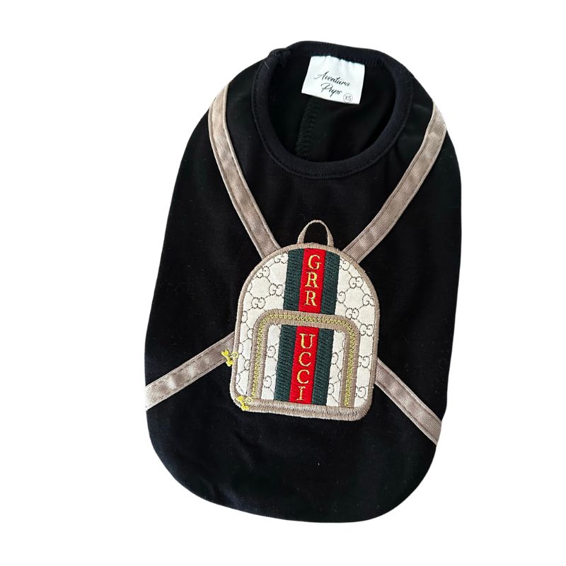 Made of 100% Pima cotton, this designer-inspired embroidered dog T-shirt by Aventura Pups features a parody Grruci handbag on a black T-shirt.