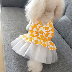  Adorned with a large bow, this chic dog dress is perfect for small- to medium-breed dogs