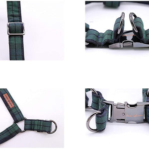 This step-in Green Plaid Bow Tie Dog Harness is adjustable and comes with a sturdy clasp and double D-ring.