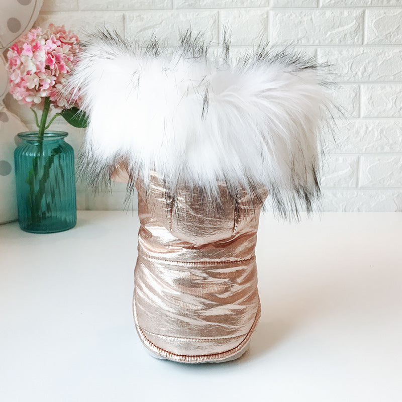 Chic and stylish, this metallic Silver/Gold Faux Fur Hooded Dog Coat is bound to turn heads this autumn/winter. 
