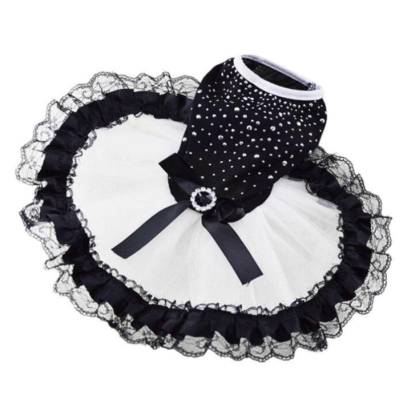 Sheer elegance, this Black & White Lace Bling Dog Party Dress is a stunner, adorned with bling rhinestone beading, satin bow and intricate lace.