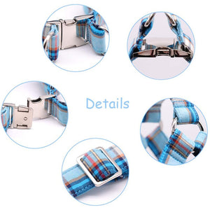 Blue Plaid Harness Set features durable stainless steel claps and D-rings.